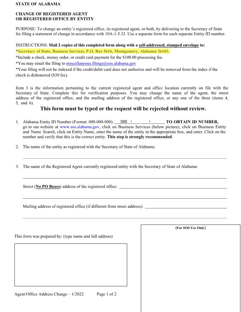 Change Of Registered Agent Or Registered Office By Entity | Pdf Fpdf Docx | Alabama