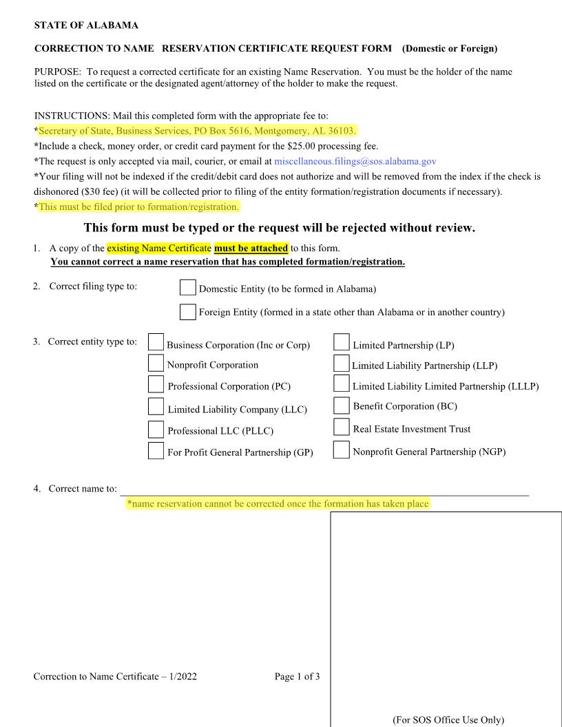 Correction To Name Reservation Certificate Request Form | Pdf Fpdf Doc Docx | Alabama