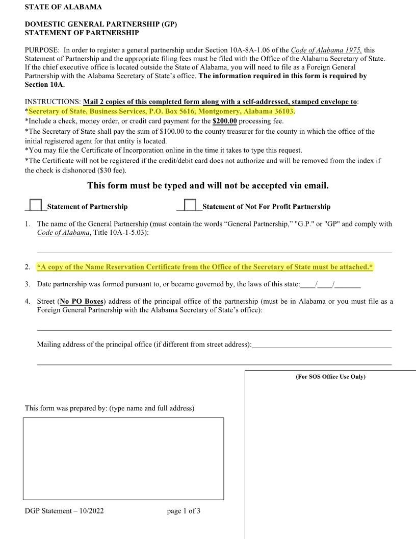 Domestic GP Statement Of Partnership | Pdf Fpdf Docx | Alabama