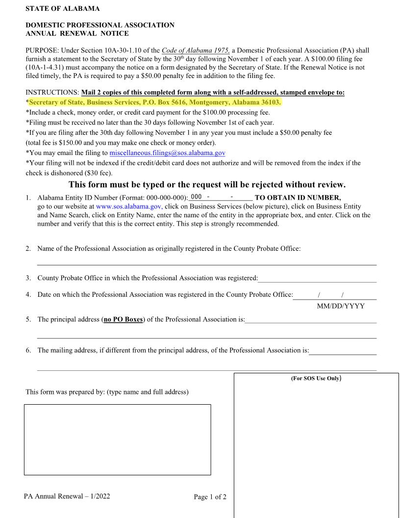 Domestic Professional Association Annual Renewal Notice | Pdf Fpdf Doc Docx | Alabama