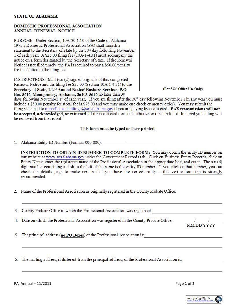 Domestic Professional Association Renewal |  | Alabama