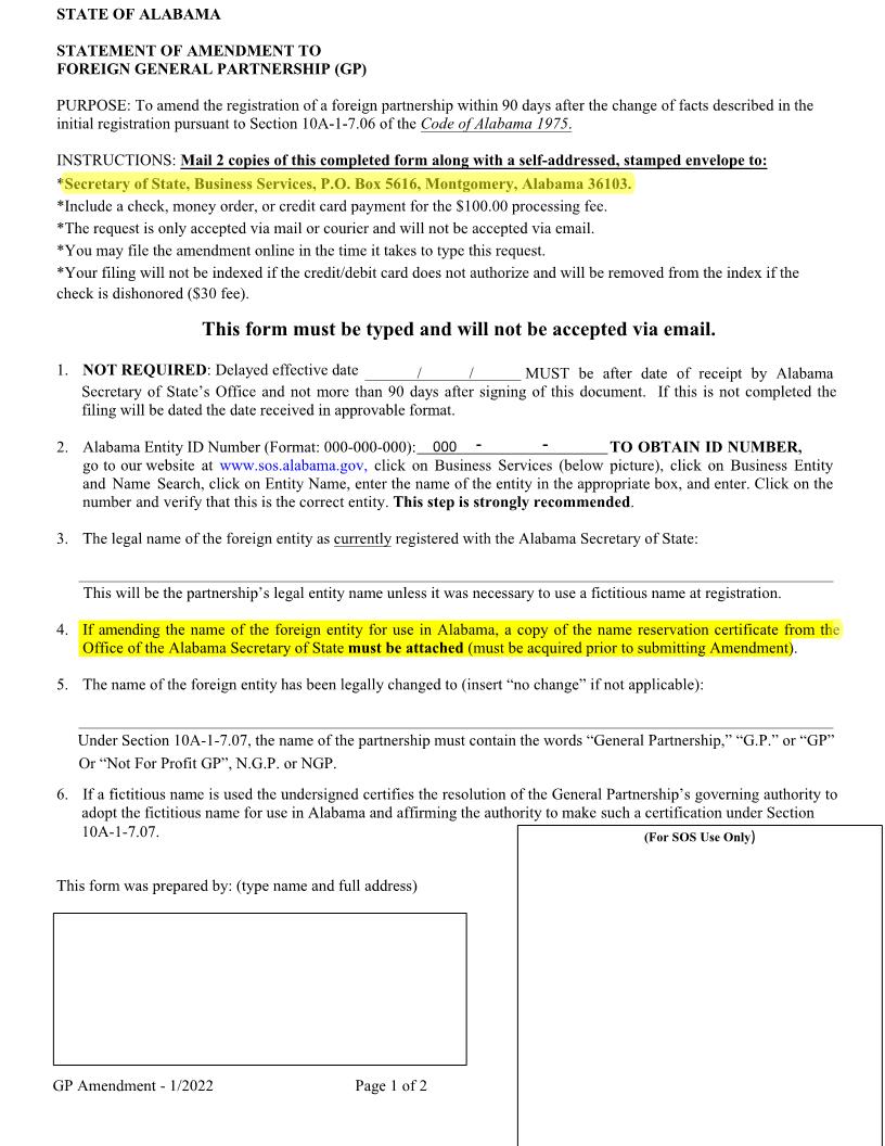 Foreign GP Statement Of Amendment | Pdf Fpdf Docx | Alabama