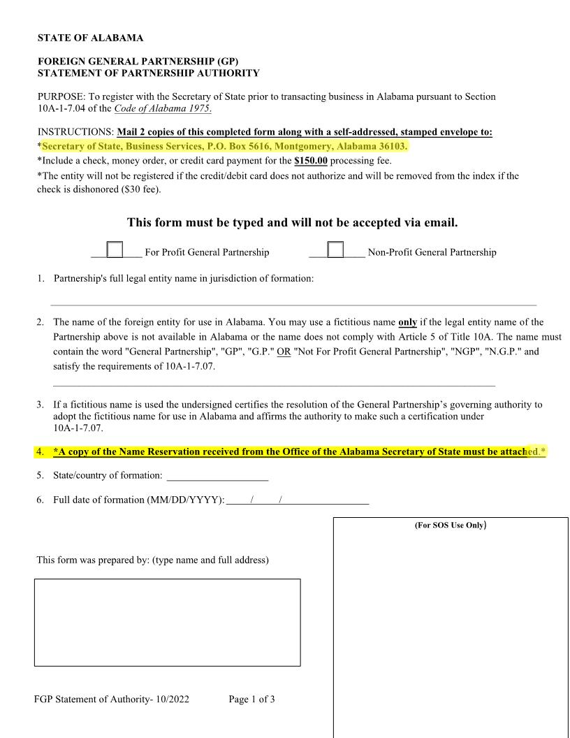 Foreign GP Statement Of Authority | Pdf Fpdf Docx | Alabama