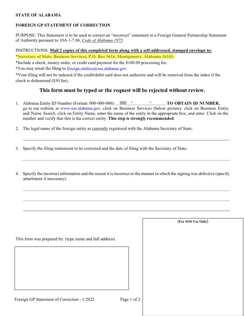 Foreign GP Statement Of Correction | Pdf Fpdf Docx | Alabama