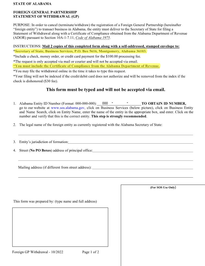 Foreign GP Statement of Withdrawal | Pdf Fpdf Docx | Alabama
