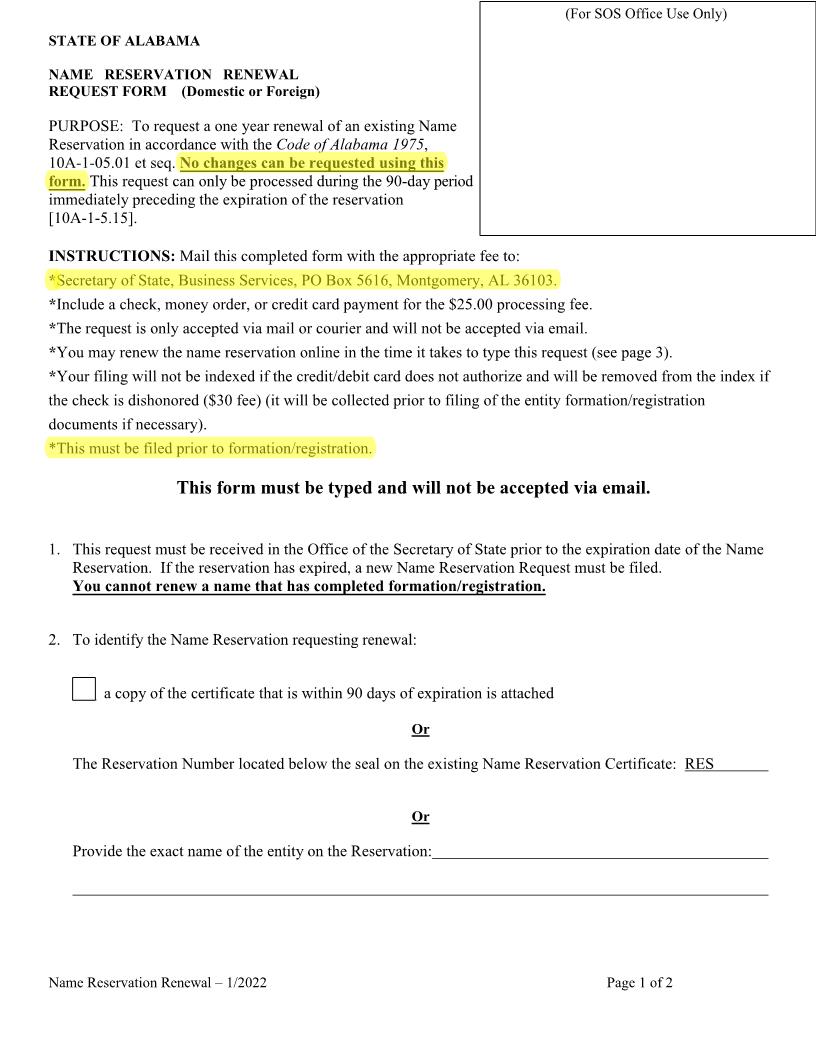 Name Reservation Renewal Request Form (Domestic Or Foreign) | Pdf Fpdf Doc Docx | Alabama