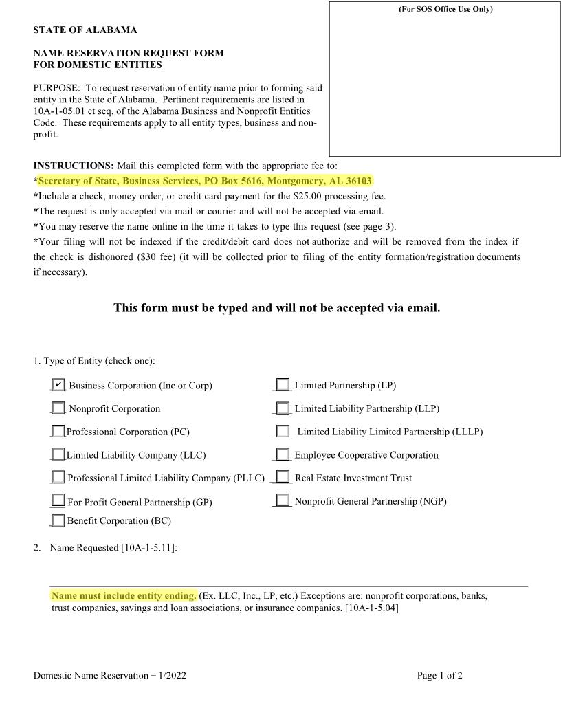 Name Reservation Request Form For Domestic Entities | Pdf Fpdf Doc Docx | Alabama
