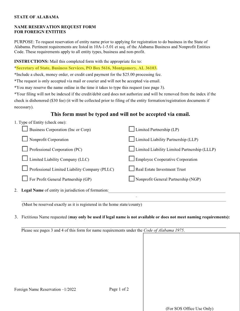 Name Reservation Request Form For Foreign Entities | Pdf Fpdf Doc Docx | Alabama