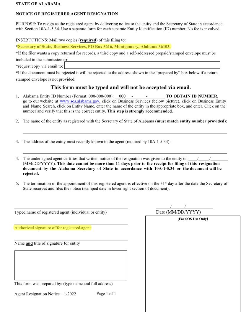 Notice Of Registered Agent Resignation | Pdf Fpdf Docx | Alabama