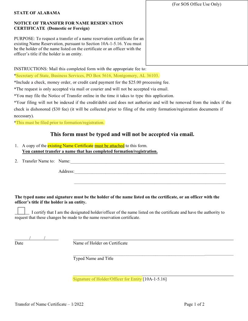 Notice Of Transfer For Name Reservation | Pdf Fpdf Docx | Alabama