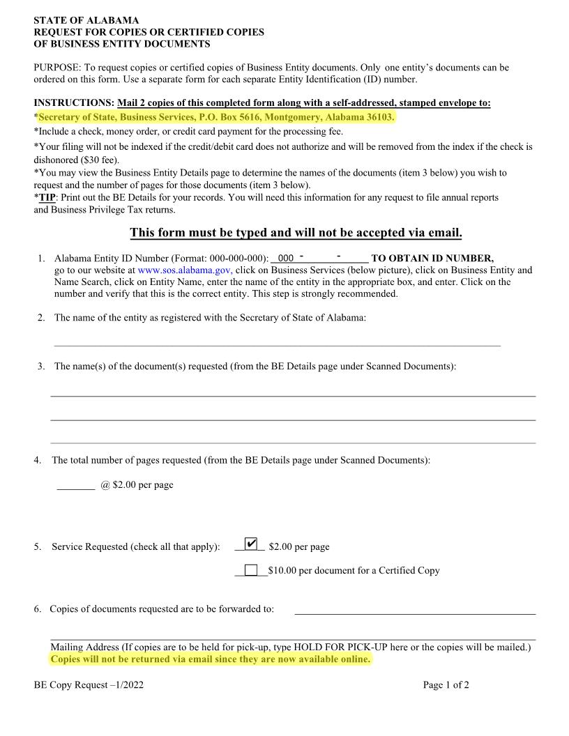 Request For Copies or Certified Copies of Business Entity Documents {BE} | Pdf Fpdf Doc Docx | Alabama