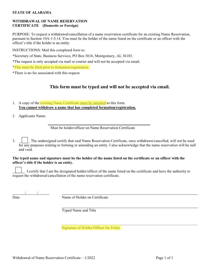 Withdrawal Of Name Reservation | Pdf Fpdf Docx | Alabama