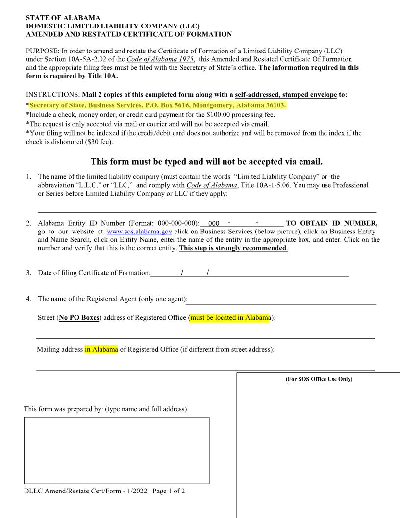Domestic LLC Amended And Restated Certificate Of Formation | Pdf Fpdf Docx | Alabama
