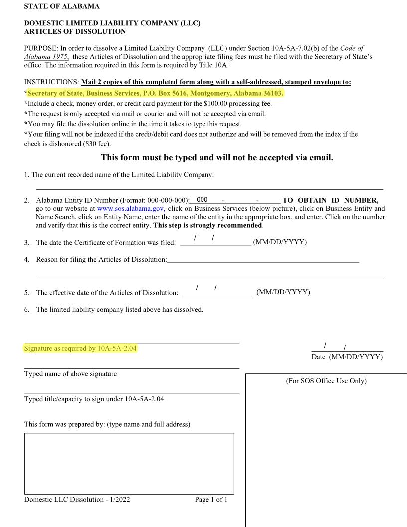 Domestic LLC Articles of Dissolution | Pdf Fpdf Docx | Alabama
