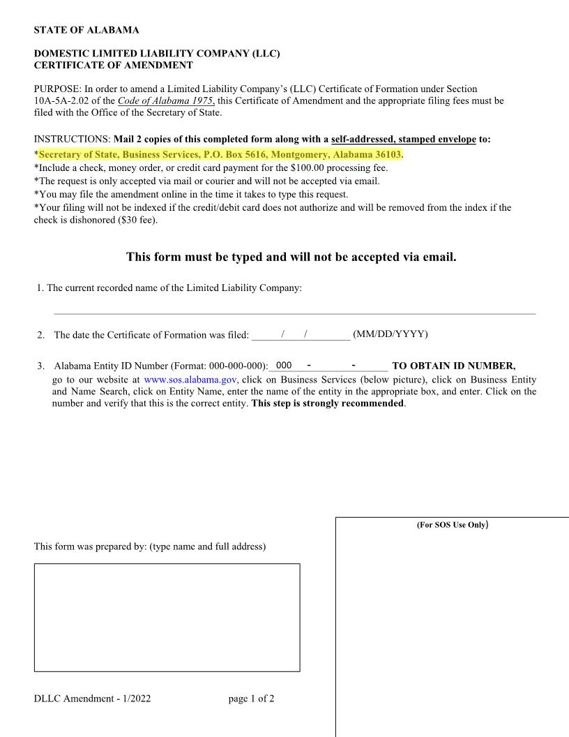 Domestic LLC Certificate Of Amendment | Pdf Fpdf Docx | Alabama