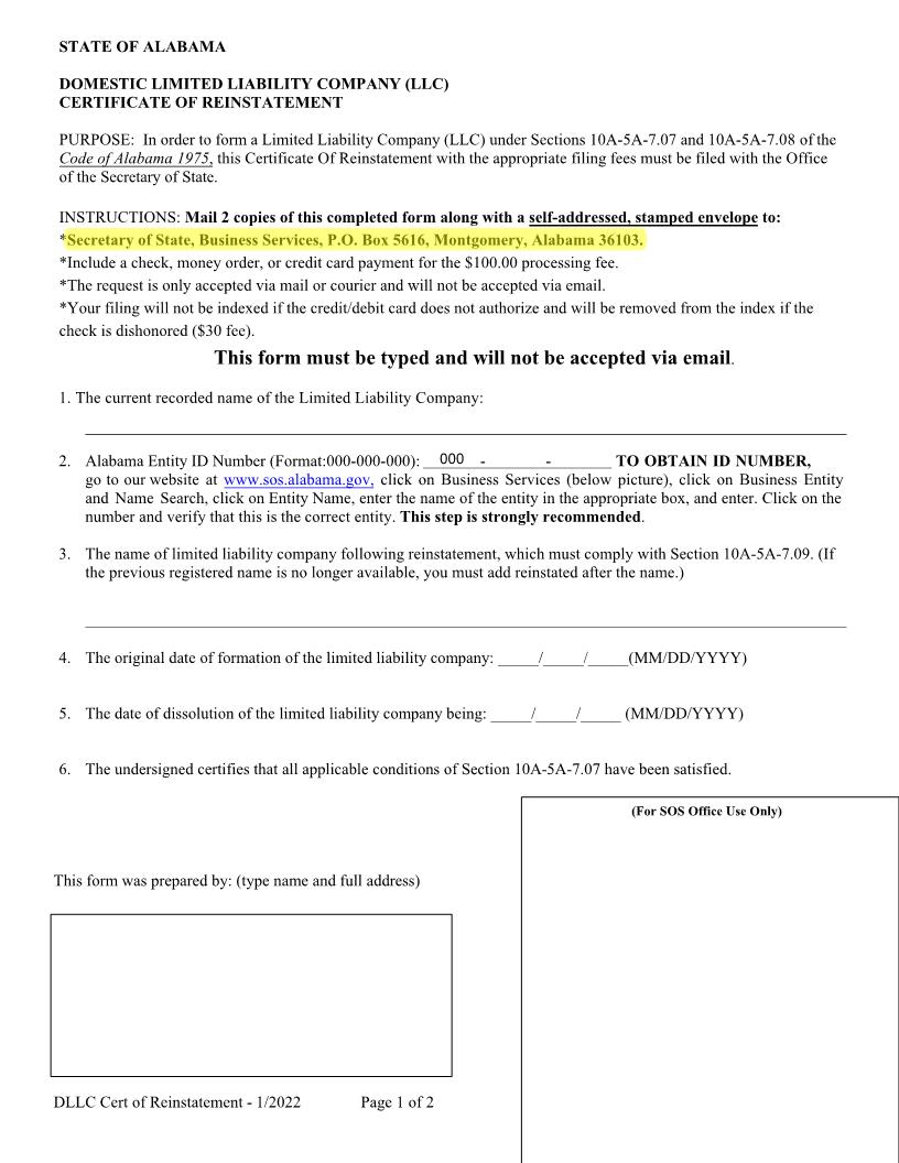 Domestic LLC Certificate Of Reinstatement | Pdf Fpdf Docx | Alabama