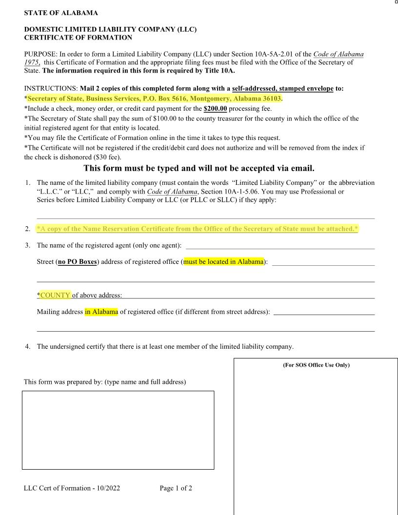 Domestic Limited Liability Company Certificate Of Formation | Pdf Fpdf Docx | Alabama