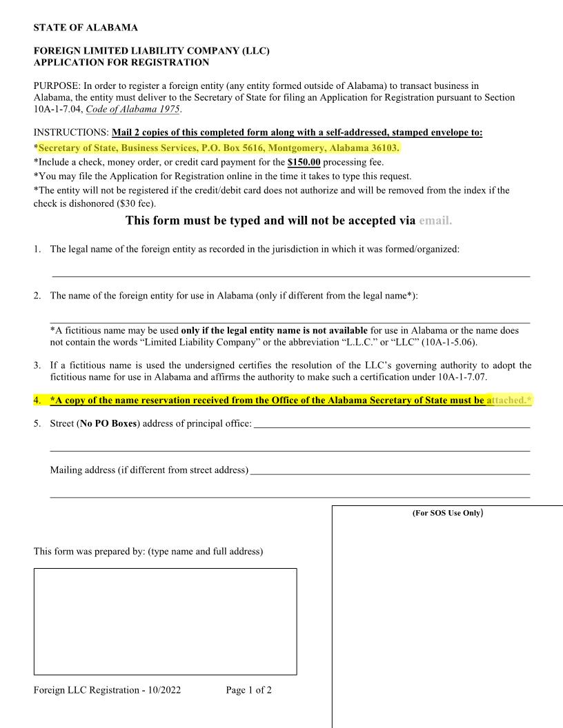 Foreign LLC Application For Registration | Pdf Fpdf Docx | Alabama