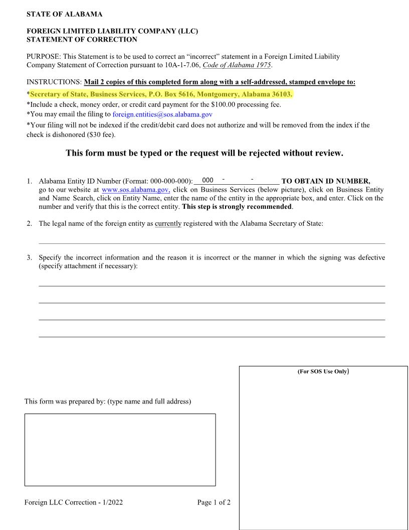 Foreign LLC Statement Of Correction | Pdf Fpdf Docx | Alabama