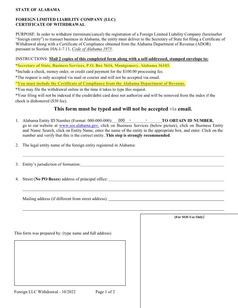 Foreign Limited Liability Company (LLC) Certificate Of Withdrawl | Pdf Fpdf Docx | Alabama