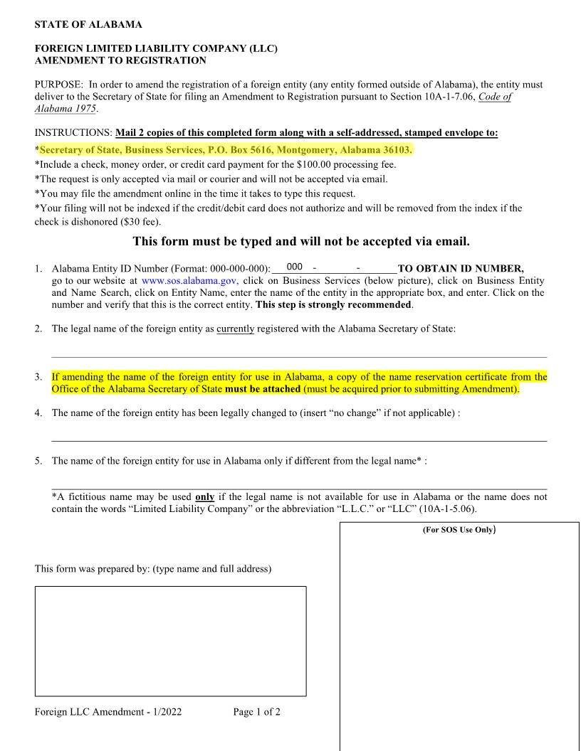 Foreign Limited Liability Company Amendment To Registration | Pdf Fpdf Docx | Alabama