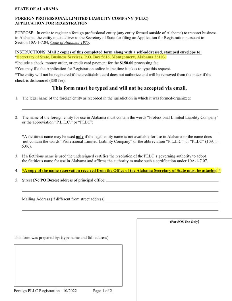 Foreign Professional Limited Liability Company Application For Registration | Pdf Fpdf Docx | Alabama