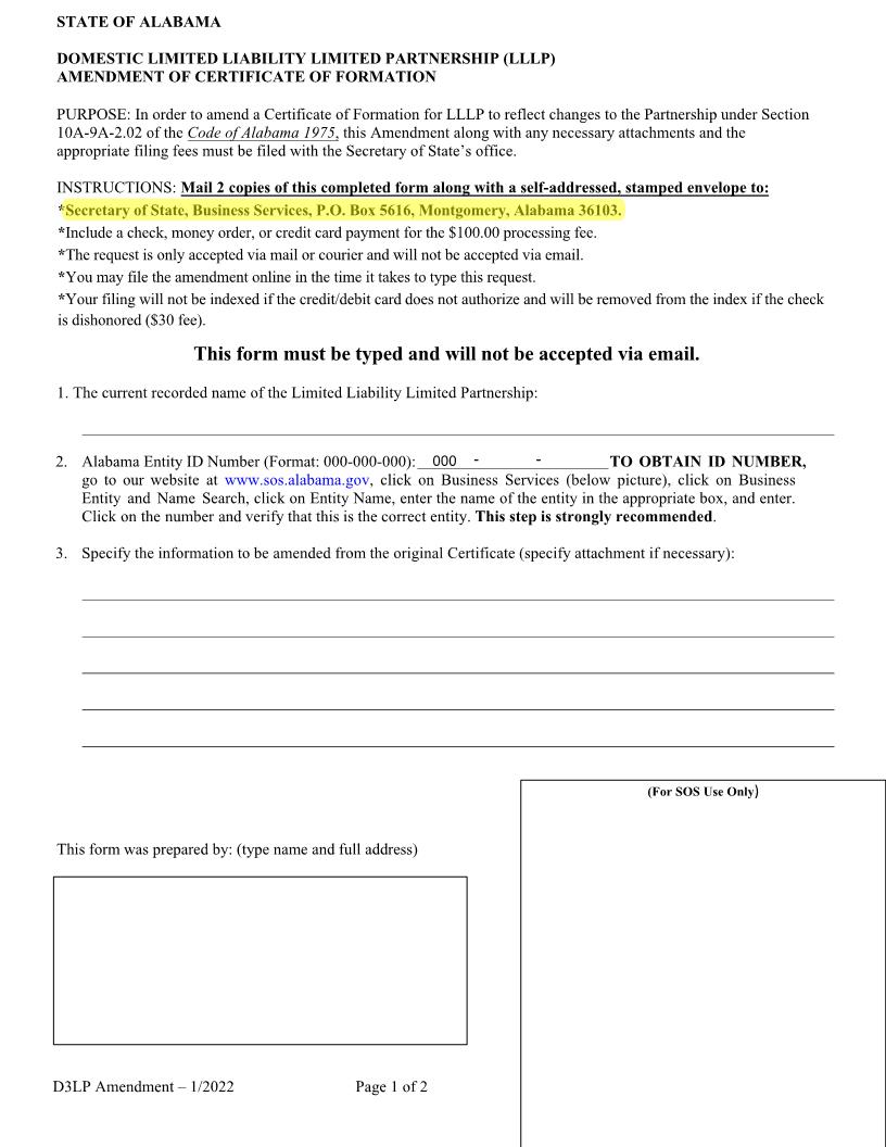Amendment Of Certificate For LLLP (Domestic) | Pdf Fpdf Docx | Alabama