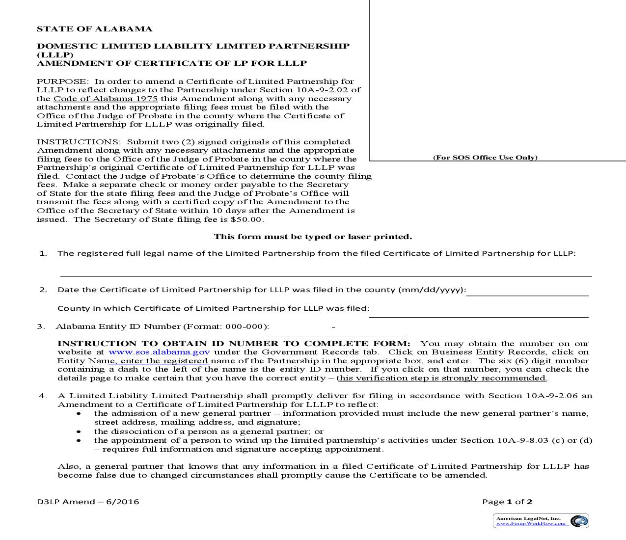 Amendment Of Certificate Of LP For LLLP (Domestic) |  | Alabama