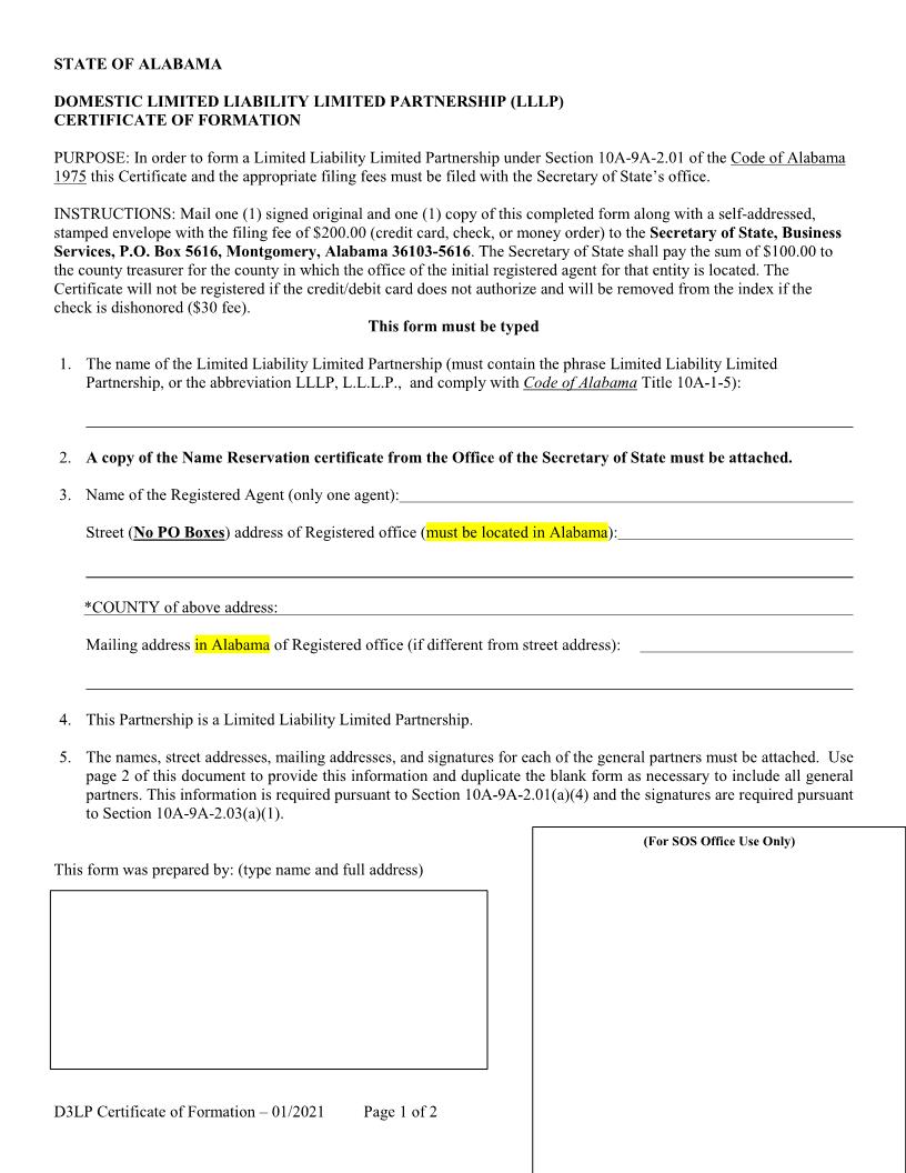 Domestic LLLP Certificate Of Formation | Pdf Fpdf Docx | Alabama