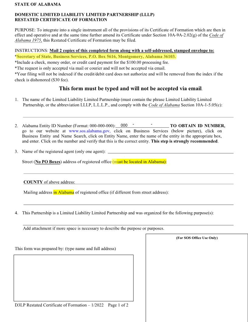 Domestic LLLP Restated Certificate Of Formation | Pdf Fpdf Docx | Alabama