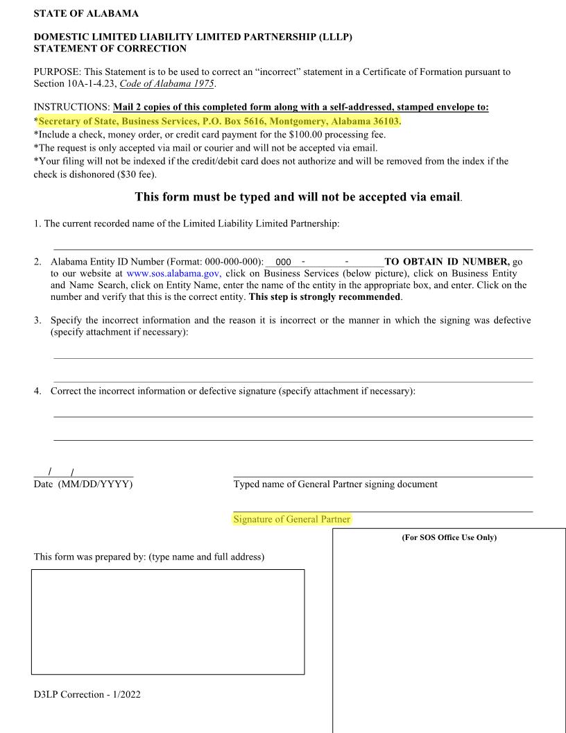 Domestic LLLP Statement Of Correction | Pdf Fpdf Docx | Alabama