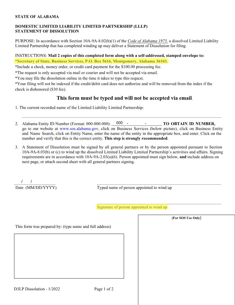 Domestic LLLP Statement Of Dissolution | Pdf Fpdf Docx | Alabama