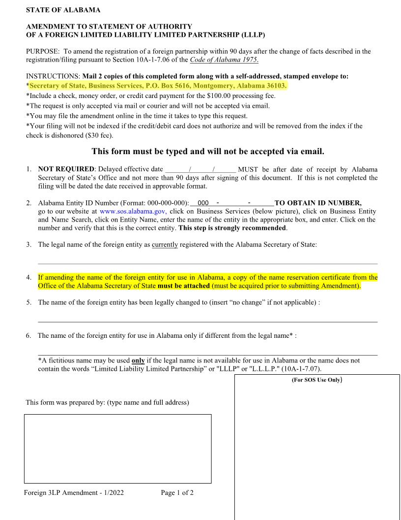 Foreign LLLP Statement Of Amendment | Pdf Fpdf Docx | Alabama
