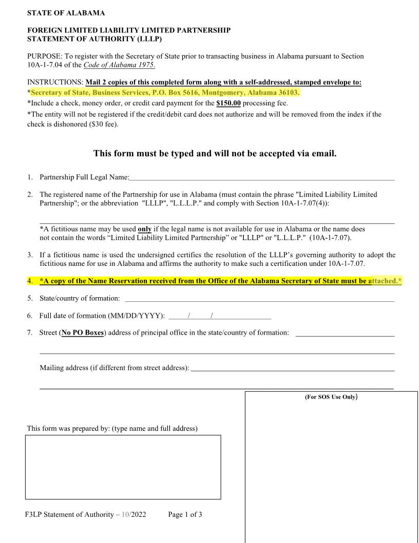 Foreign LLLP Statement Of Authority | Pdf Fpdf Docx | Alabama