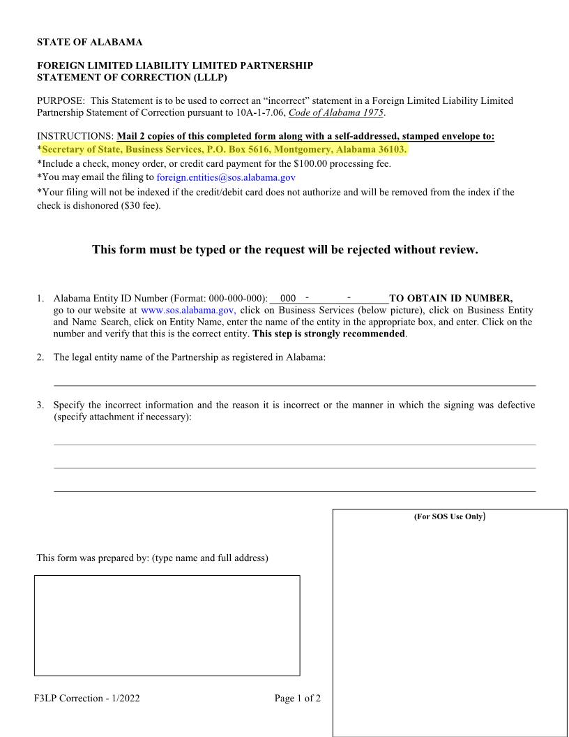 Foreign LLLP Statement Of Correction | Pdf Fpdf Docx | Alabama