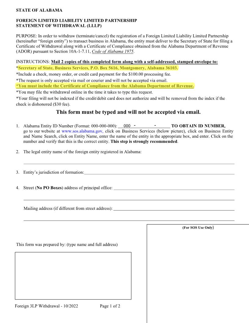 Foreign LLLP Statement Of Withdrawl | Pdf Fpdf Docx | Alabama
