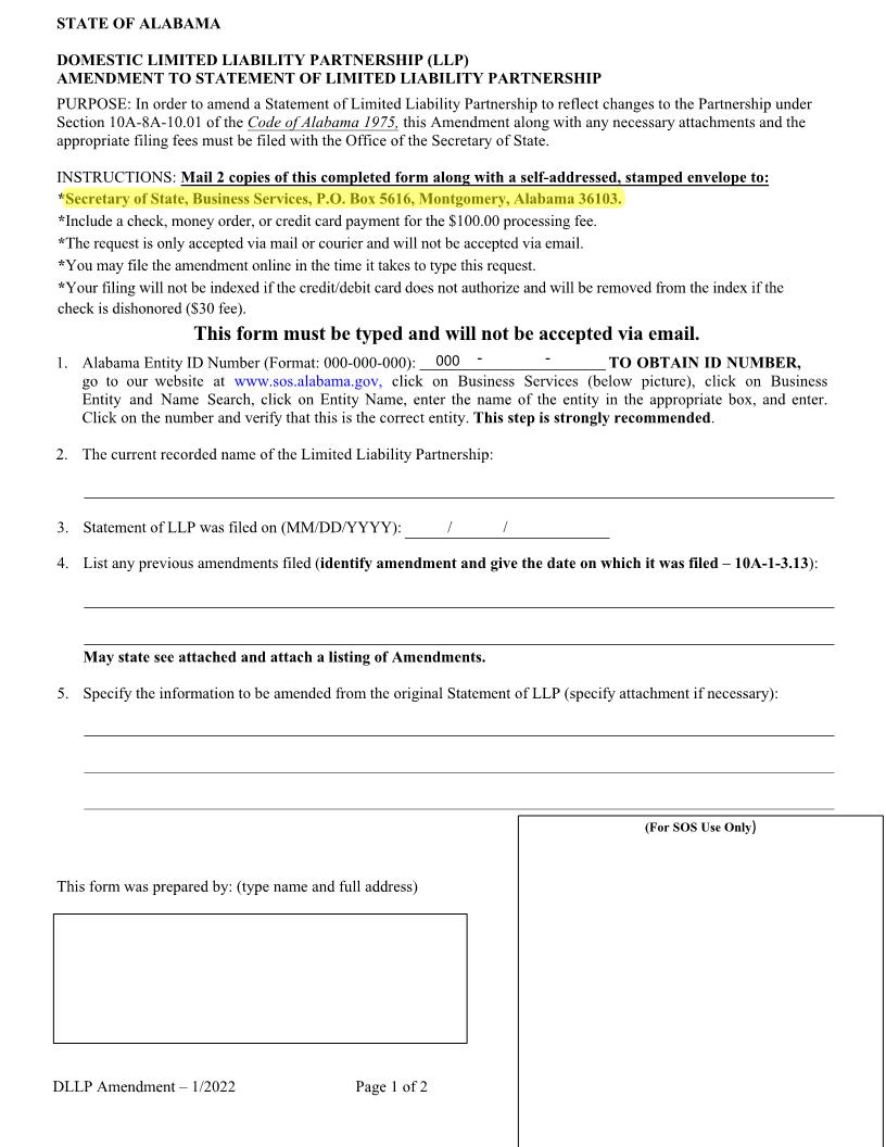 Domestic LLP Amendment | Pdf Fpdf Docx | Alabama