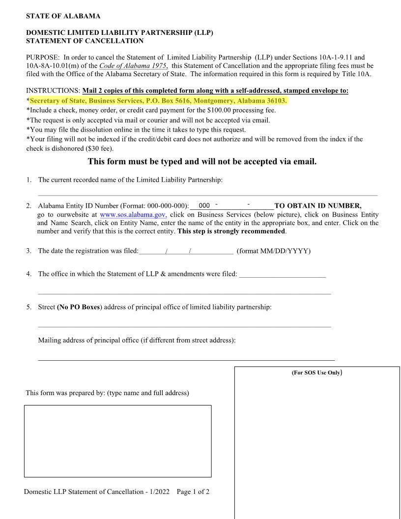 Domestic LLP Statement Of Cancellation | Pdf Fpdf Docx | Alabama