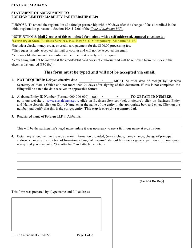 Foreign LLP Statement Of Amendment | Pdf Fpdf Docx | Alabama