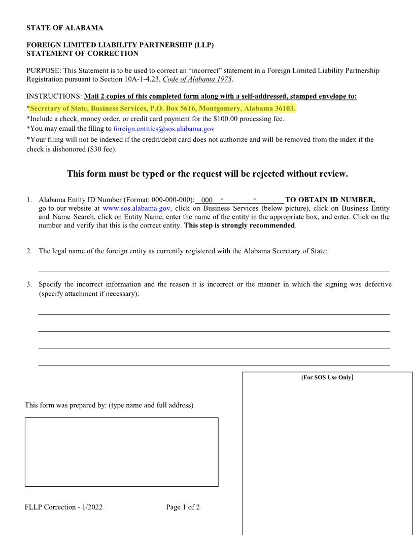 Foreign LLP Statement Of Correction | Pdf Fpdf Docx | Alabama