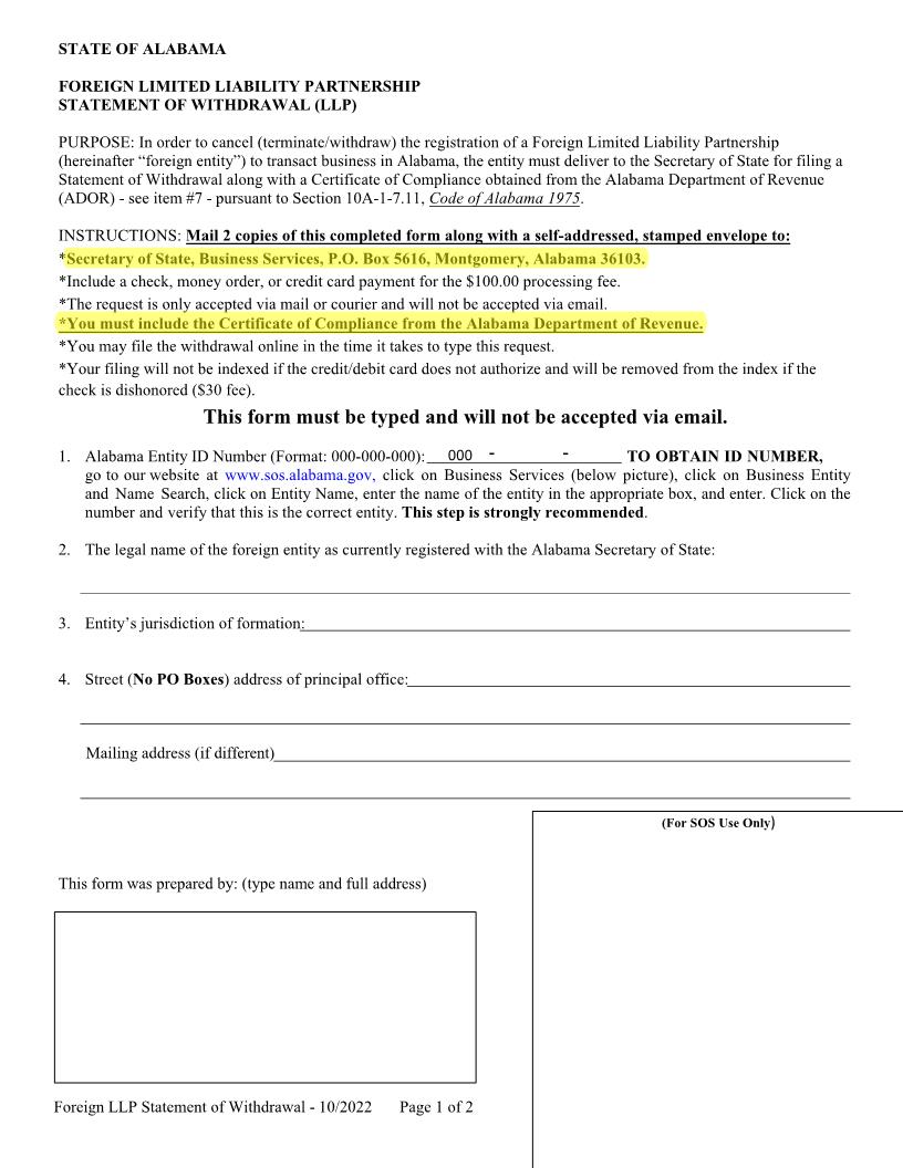 Foreign LLP Statement Of Withdrawl | Pdf Fpdf Docx | Alabama