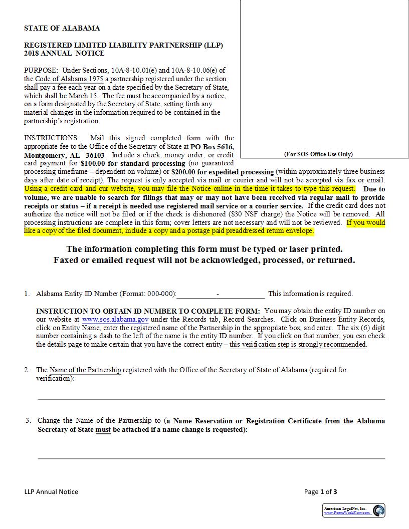 Registered LLP 2018 Annual Notice |  | Alabama