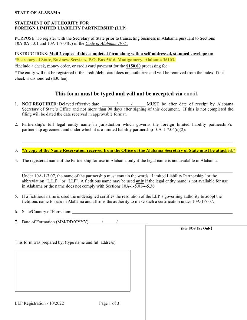 Statement Of Authority For Foreign LLP | Pdf Fpdf Docx | Alabama