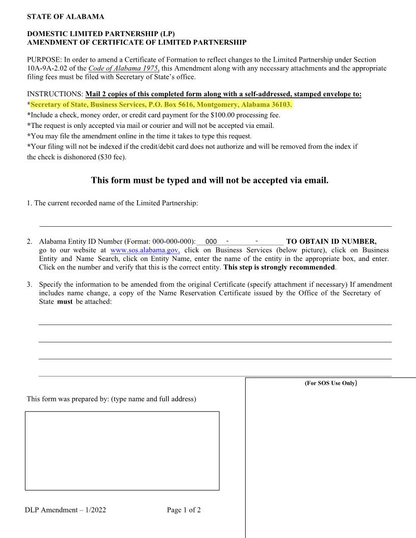 Amendment Of Certificate Of LP Domestic | Pdf Fpdf Docx | Alabama