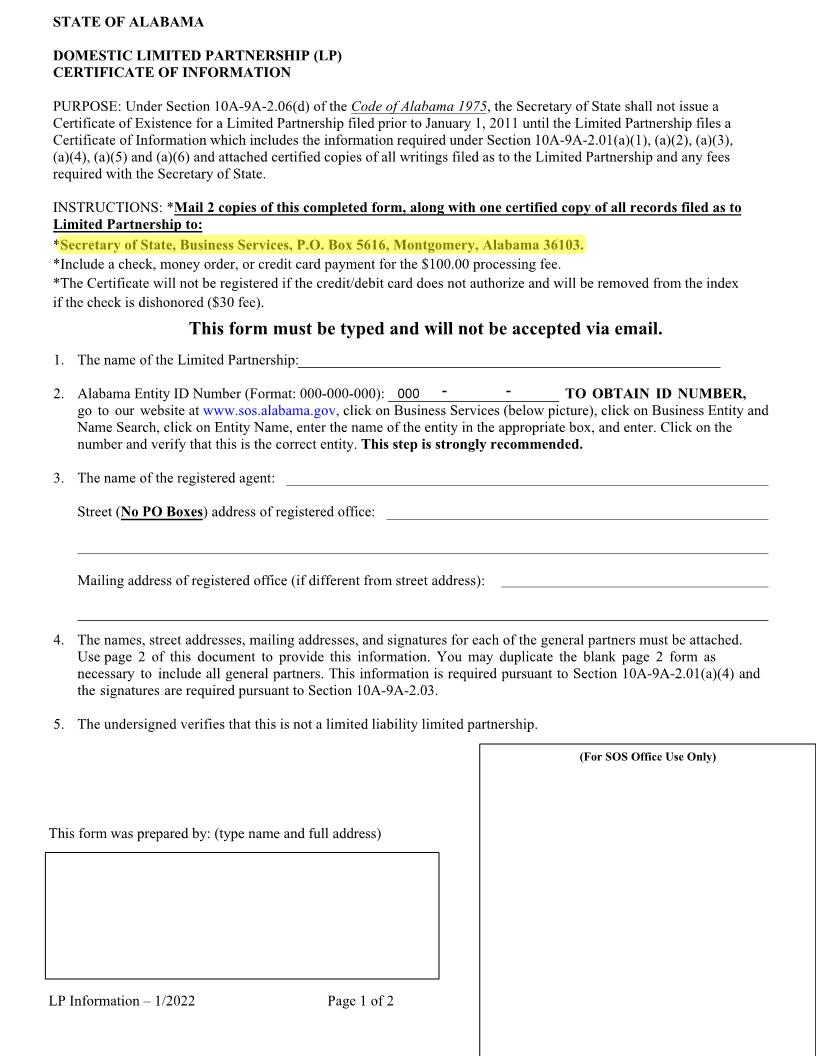 Domestic LP Certificate Of Information | Pdf Fpdf Docx | Alabama