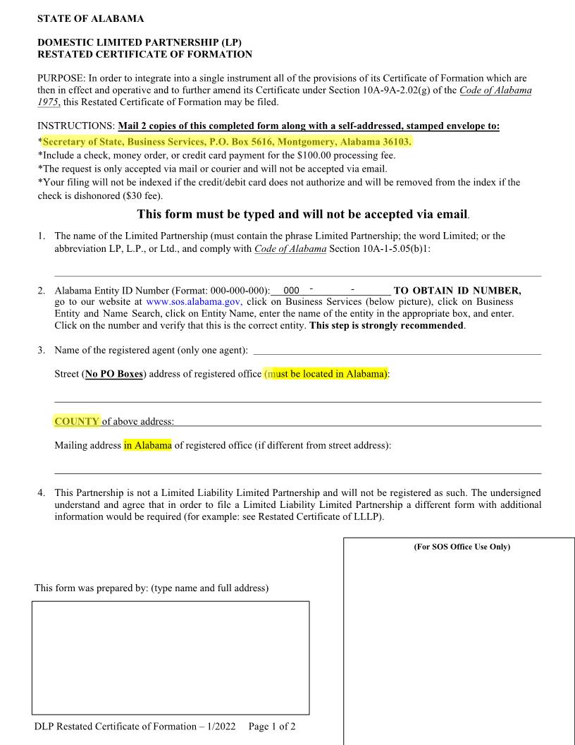 Domestic LP Restated Certificate Of Formation | Pdf Fpdf Docx | Alabama