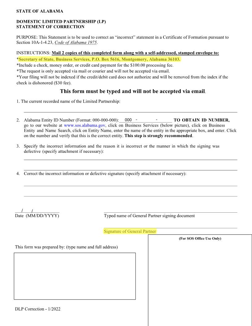 Domestic LP Statement Of Correction | Pdf Fpdf Docx | Alabama