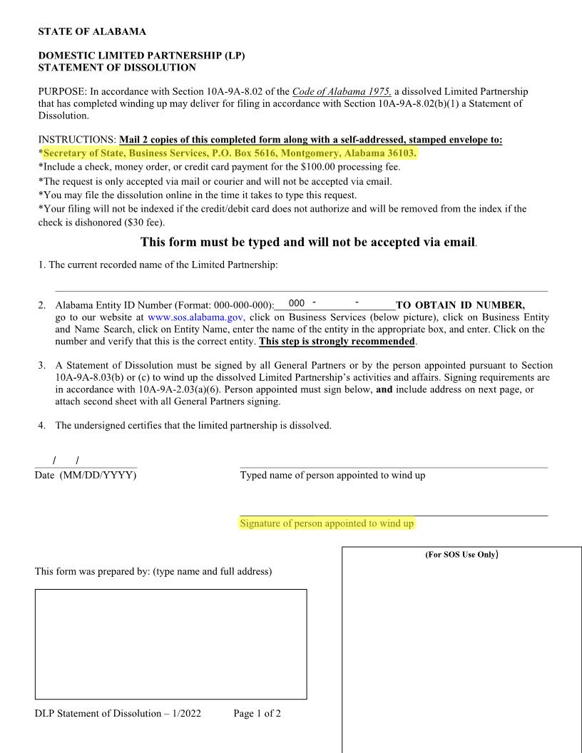 Domestic LP Statement Of Dissolution | Pdf Fpdf Docx | Alabama
