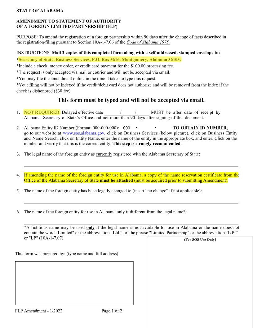 Foreign LP Amendment To Statement Of Authority | Pdf Fpdf Docx | Alabama