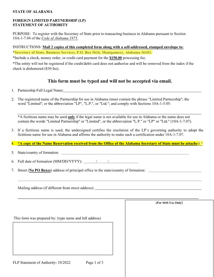 Foreign LP Statement Of Authority | Pdf Fpdf Docx | Alabama